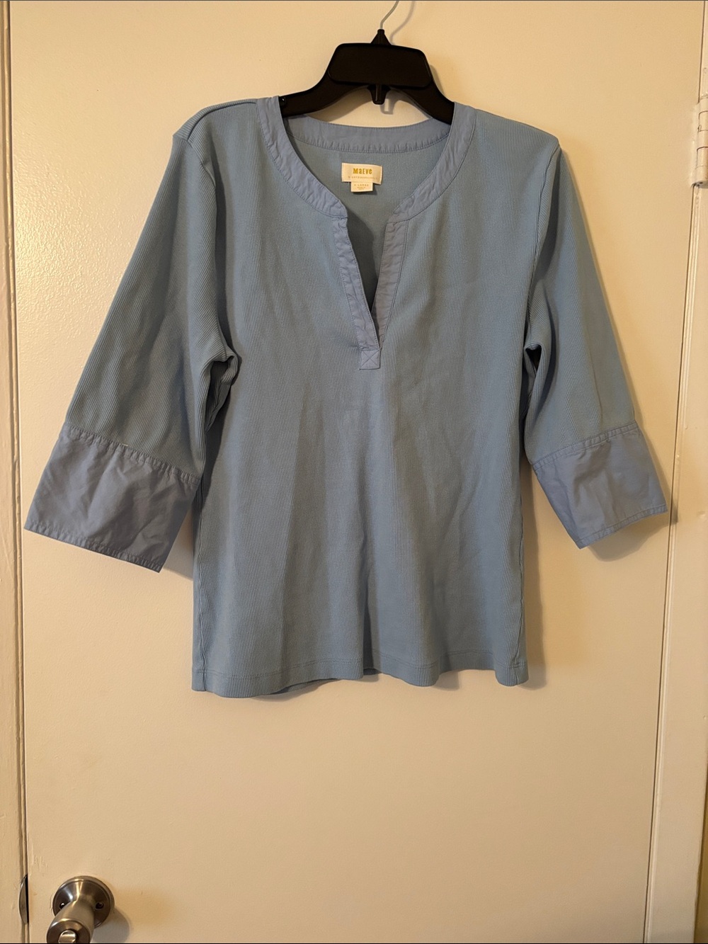 Maeve Powder Blue Split-Neck 3/4 Sleeve Tunic Cotton Cuff Sleeve